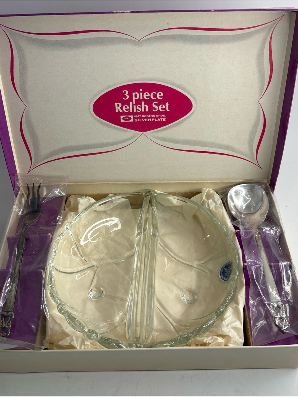 1847 Rogers Bros Relish Set Esperanto 3 pc Divided Glass Dish Vtg Original Box